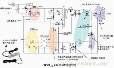 安森美半導體離線式第二代LED驅動器NCP1014/1028的應用示意圖。