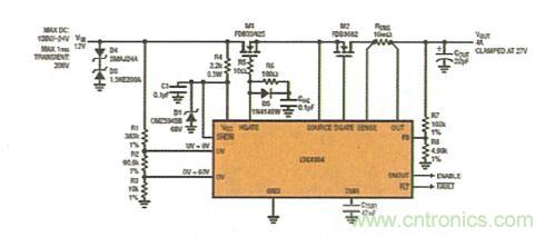 圖2:具反向電流保護功能的浪涌抑制器可在 VIN上承受 200V/-24V 瞬態電壓