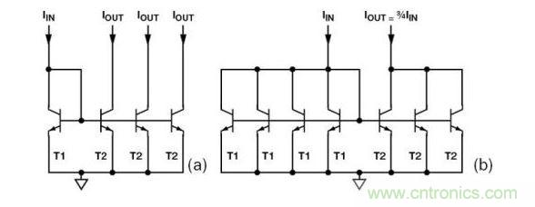 （a） 多級電流鏡 （b） 非整數比例電流鏡可將3個T2集電極結合起來，得到3IIN