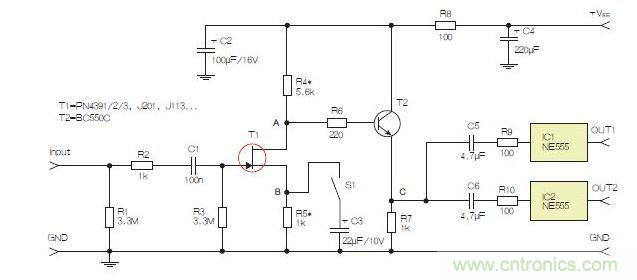所示電路采用兩個工作在不同頻率下的555定時器，以獲取不同的音