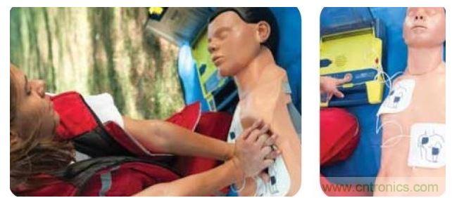 胸部按壓CPR(左圖)迫使血液循環,為大腦及其它生命器官供血,直到AED重啟心臟(右圖)。